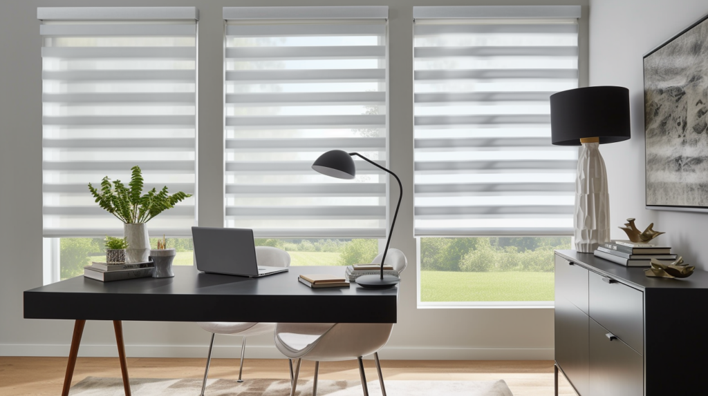 Zebra Shade partially closed in a minimalist home office in Parkland, Florida. The Zebra Shades alternate sheer and solid fabric bands, creating a stunning interplay of light and shadow. The modern design of the shade complements the clean lines of the furniture from Ethan Allen, including a sleek white desk with a chrome frame and a comfortable ergonomic chair. The room has a calming view of a nearby lake, enhancing focus and productivity.