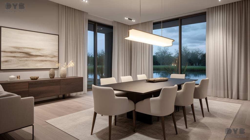 Minimalist dining room in Boynton Beach with blackout curtains