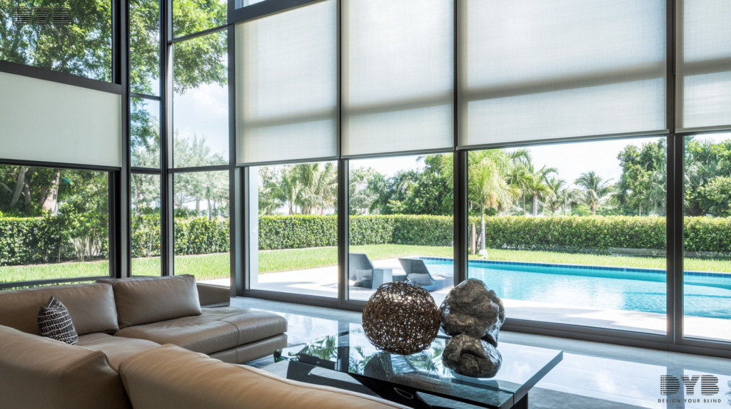 A formal living room with Roller Shades, featuring a leather sectional sofa and a glass coffee table.