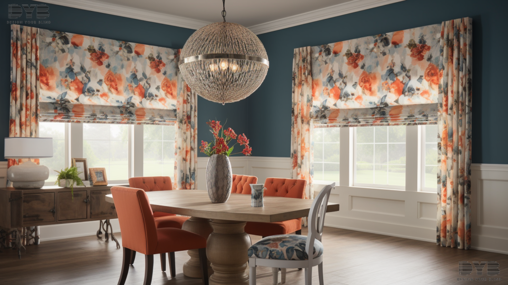 Roman Shades with Floral fabric in a Boynton Beach dining room with a minimalist design and Arhaus furniture
