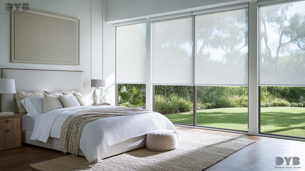 A coastal bedroom with Roller Shades, featuring a plush bed, a nightstand, and a modern lamp.