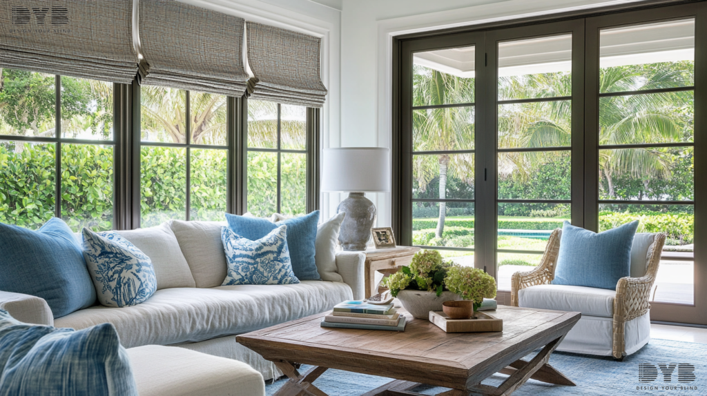 A coastal-inspired living room with Zebra Shades in Delray Beach, Florida