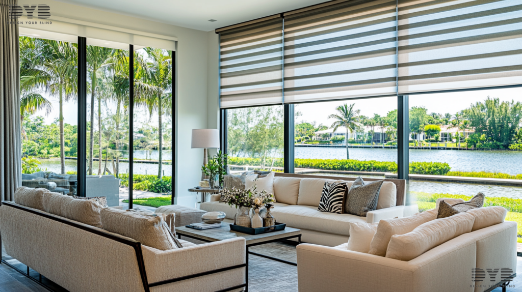 A formal living room with Zebra Shades in Delray Beach, Florida