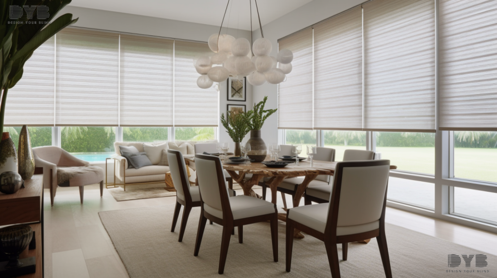 A dining room in Palm Beach Gardens featuring Solar Shades, showcasing a Contemporary style and a tranquil view of the Intercoastal Waterway.