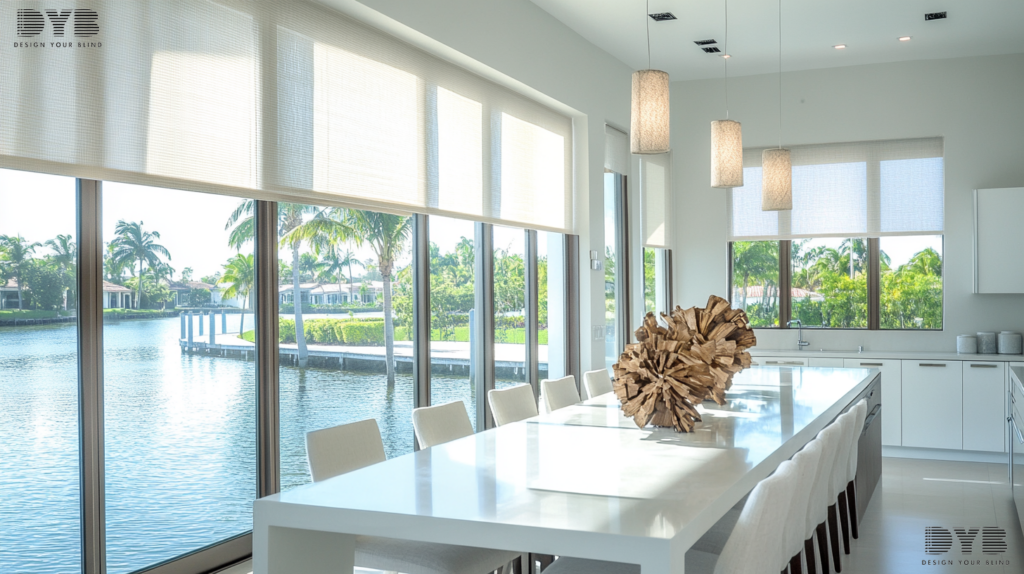 A kitchen in Palm Beach Gardens with Solar Shades, showcasing a Farmhouse Modern design and beautiful canal views.