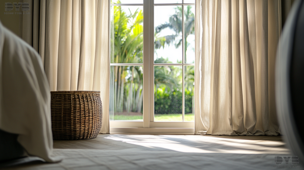 Coastal guest bedroom in Boynton Beach with blackout curtains