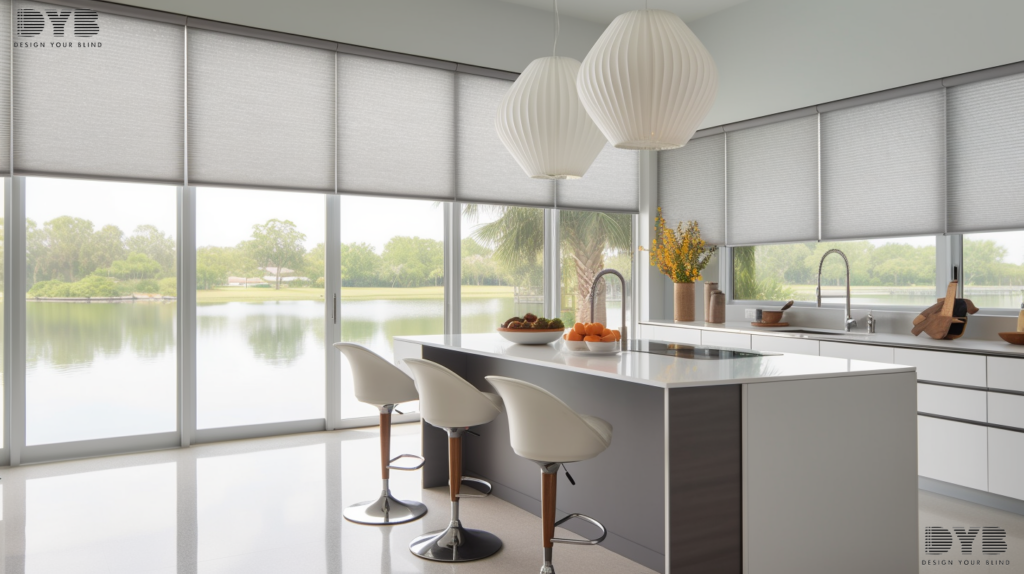 A modern kitchen in Parkland, FL, featuring Honeycomb Shades, white cabinetry, stainless steel appliances, and a canal view.