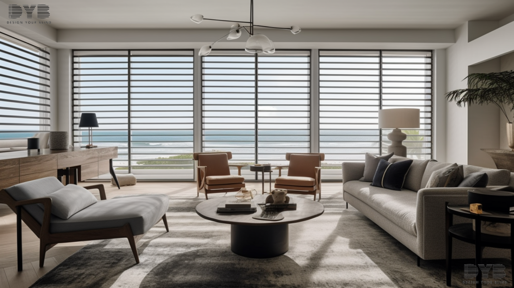 Hunter Douglas Pirouette Shades in a West Palm Beach living room, showcasing a farmhouse modern style and stunning ocean views.