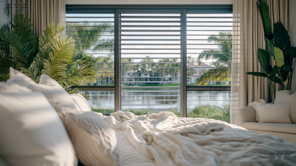 A bright and airy bedroom in Lighthouse Point, FL, featuring Pirouette Shades on a large window overlooking a serene canal.