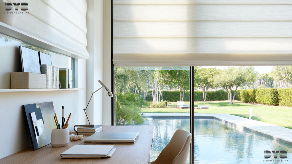 A farmhouse modern home office in Lighthouse Point, FL, with Pirouette Shades on a large window overlooking a backyard with a sparkling pool.