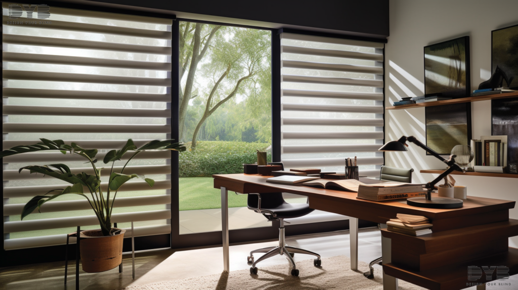 Zebra Shades in a Boynton Beach Home Office, creating a stylish and functional workspace.