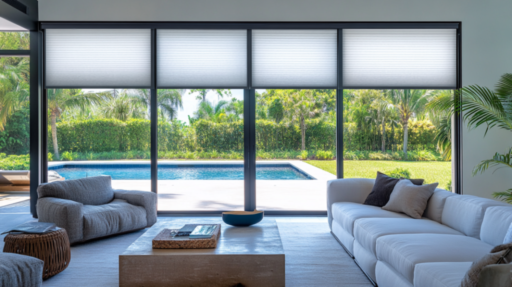 A modern living room in Boca Raton featuring motorized light-filtering honeycomb shades on a large sliding door, overlooking a backyard pool with stylish seating, chic coffee table, and elegant decor.