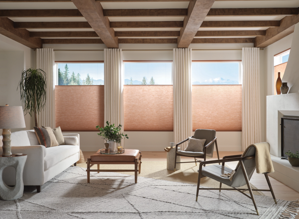 A modern living room with motorized top-down-bottom-up honeycomb shades, white curtains, a cozy seating area, and a fireplace.