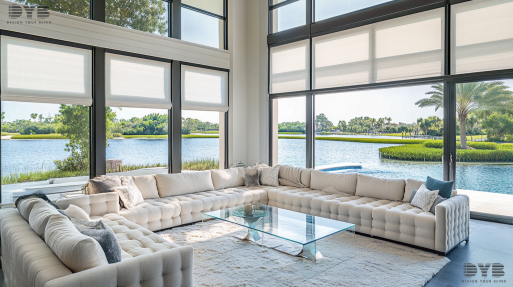 A living room in Palm Beach Gardens with Solar Shades, showcasing a coastal style and serene views.