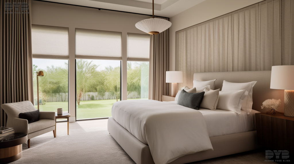 A bedroom in Parkland, FL, showcasing Honeycomb Shades, a king-sized bed, a golf course view, and a transitional interior design.
