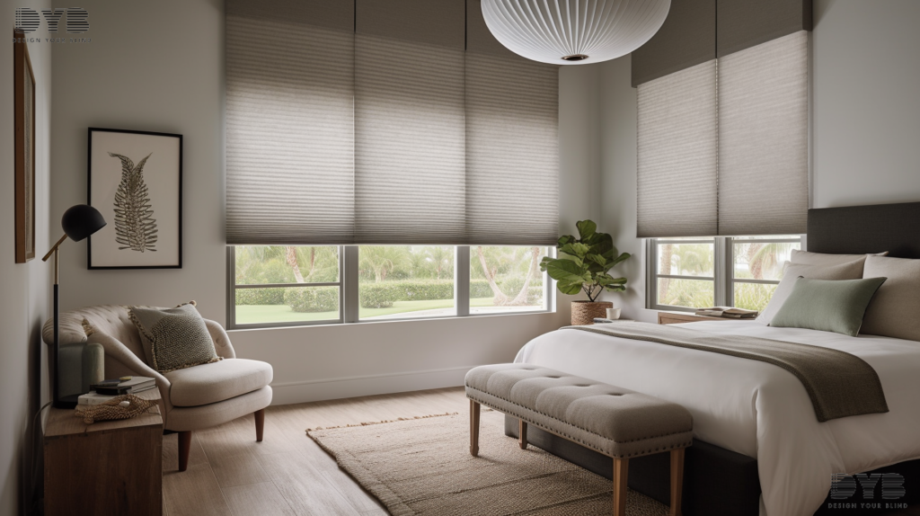A guest bedroom in Parkland, FL, featuring Honeycomb Shades, a plush bed, and a lake view.
