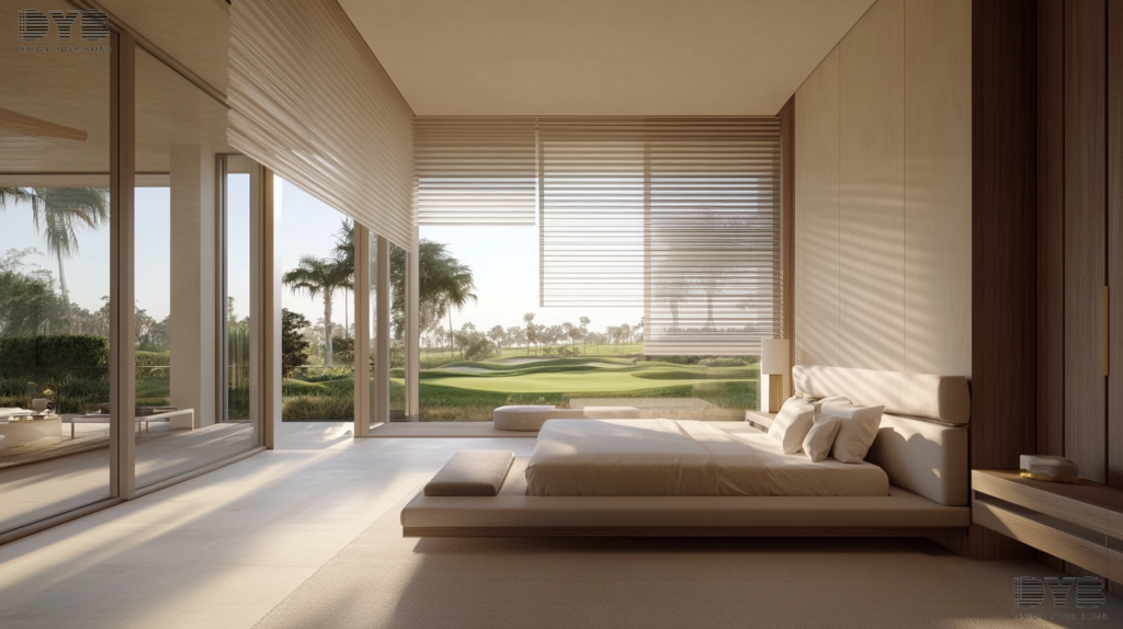A minimalist bedroom in Lighthouse Point, FL, featuring Pirouette Shades on large windows that overlook a scenic golf course.
