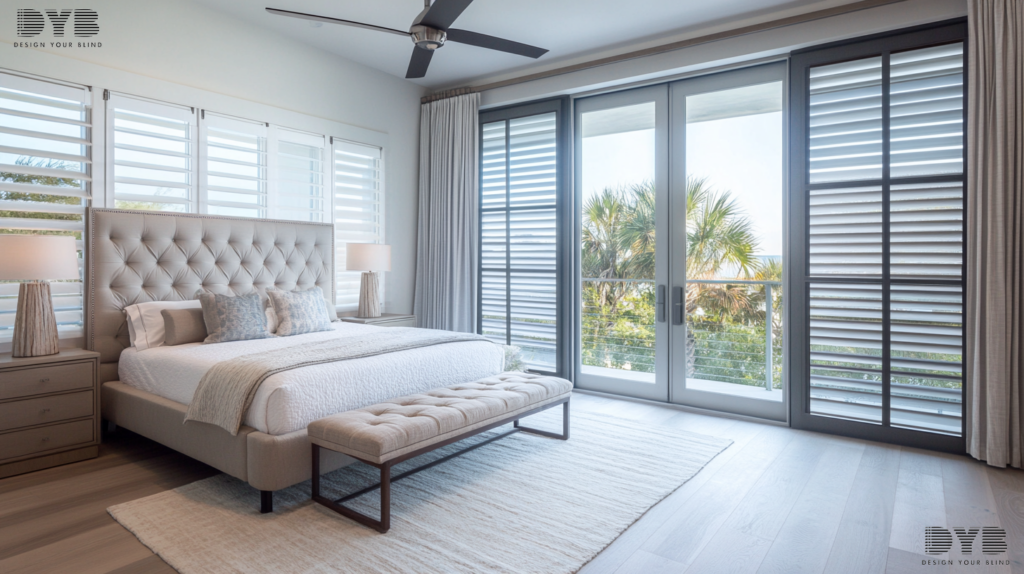 A coastal bedroom in Lighthouse Point, FL, featuring Pirouette Shades on large windows that frame breathtaking ocean views.