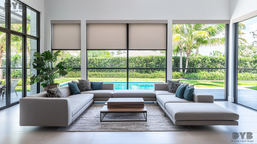 A minimalist living room with Roller Shades, featuring a sectional sofa and a coffee table.