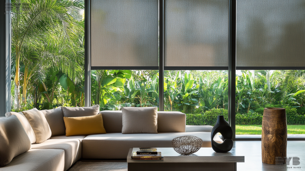 A modern living room with Roller Shades, featuring a sectional sofa, a coffee table, and a stylish floor lamp.