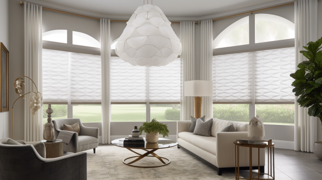 Roman Shades with Geometric fabric in a Boynton Beach formal living room with a modern design and Williams Sonoma furniture