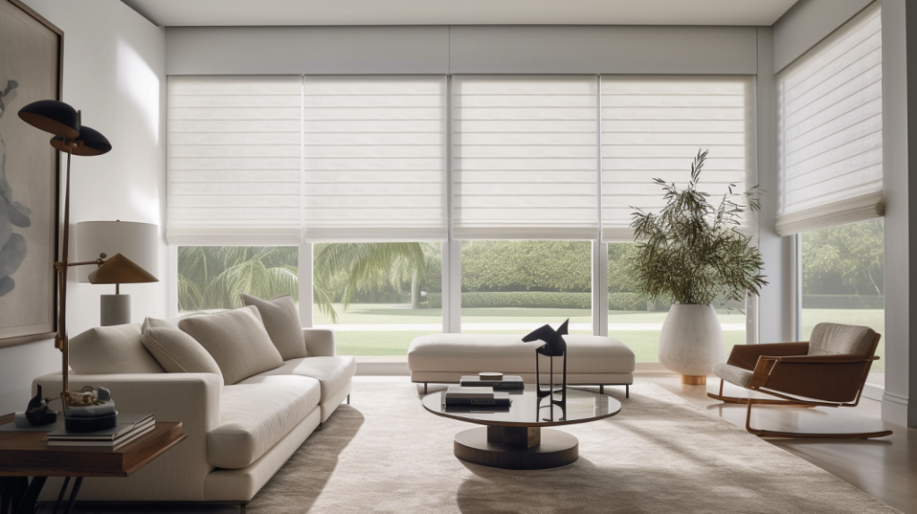 Roman Shades with Texture fabric in a Boynton Beach living room with a minimalist design and Restoration Hardware furniture