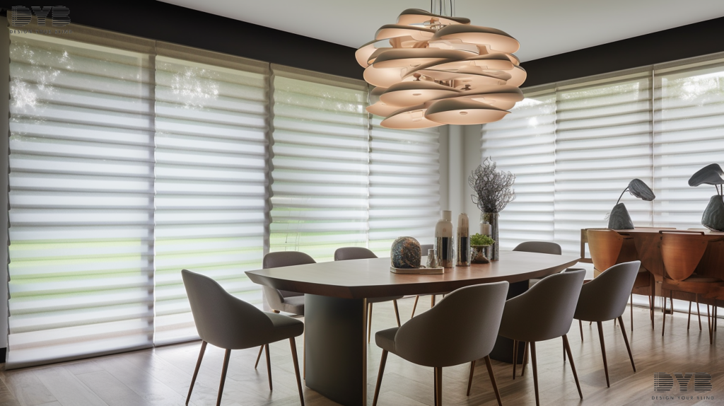 A home office in Palm Beach Gardens featuring Solar Shades, showcasing a modern design and serene views.