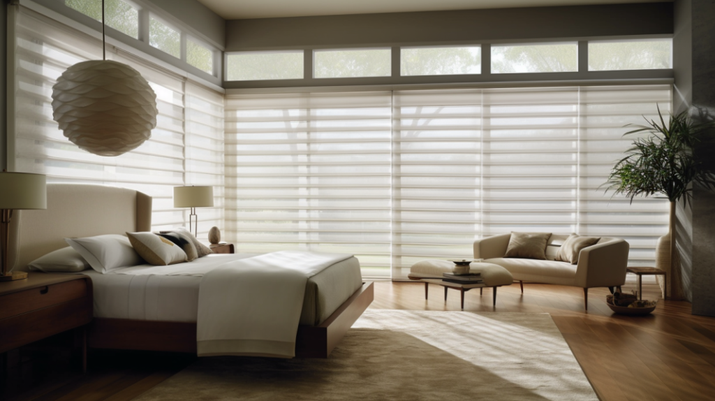 Roman Shades with Stripe fabric in a Boynton Beach master bedroom with a modern design and Bernhardt furniture