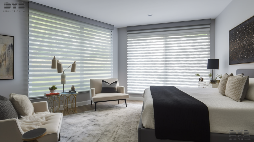 Zebra Shades in an Urban Modern Guest Bedroom in Boynton Beach, adding a touch of sophistication and functionality.