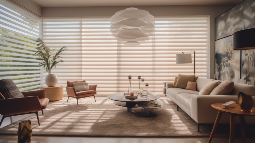 Hunter Douglas Pirouette Shades in a West Palm Beach family room, creating a cozy and inviting atmosphere with a minimalist design.