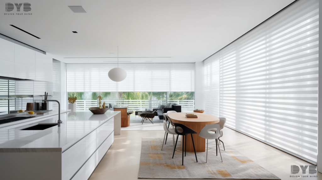 Hunter Douglas Pirouette Shades in a West Palm Beach kitchen, showcasing a sleek design and a warm, inviting ambiance.