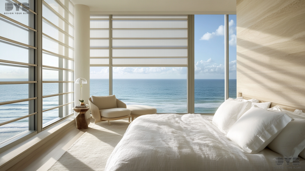 A minimalist guest bedroom with Zebra Shades in Delray Beach, Florida