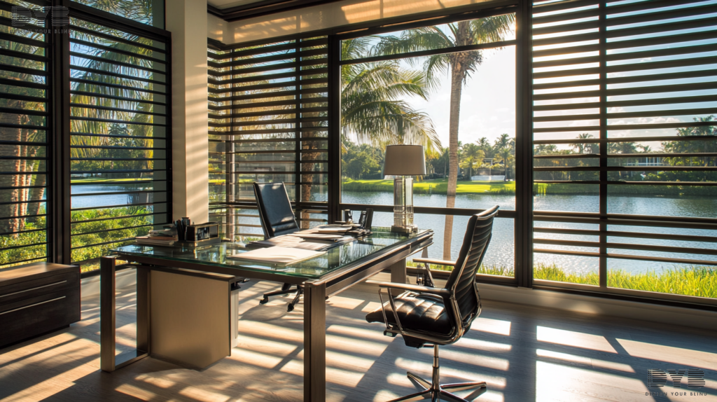 A modern home office with Zebra Shades in Delray Beach, Florida