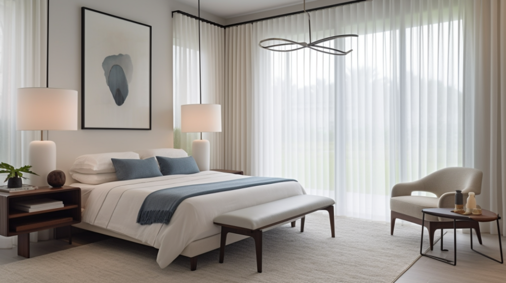 Sheer Curtains in a Lighthouse Point bedroom with a canal view