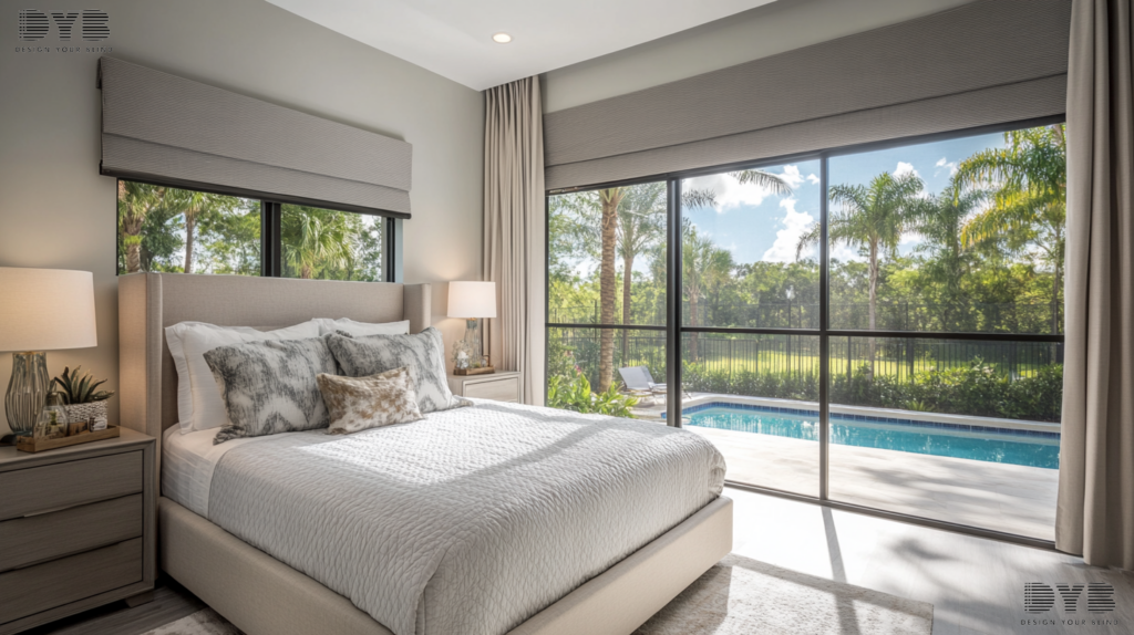 A minimalist Guest Bedroom in Parkland, FL, with Zebra Shades, Bernhardt furniture, and Backyard with pool view
