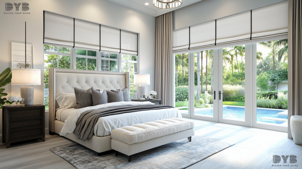A serene master bedroom in Parkland, FL, with Roller Shades, Restoration Hardware furniture, and Backyard with pool view