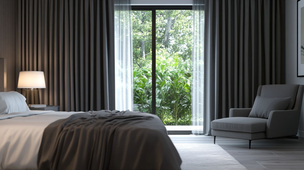 Minimalist bedroom in Coral Springs with motorized blackout curtains fully closed, creating a dark and serene atmosphere with a garden view.