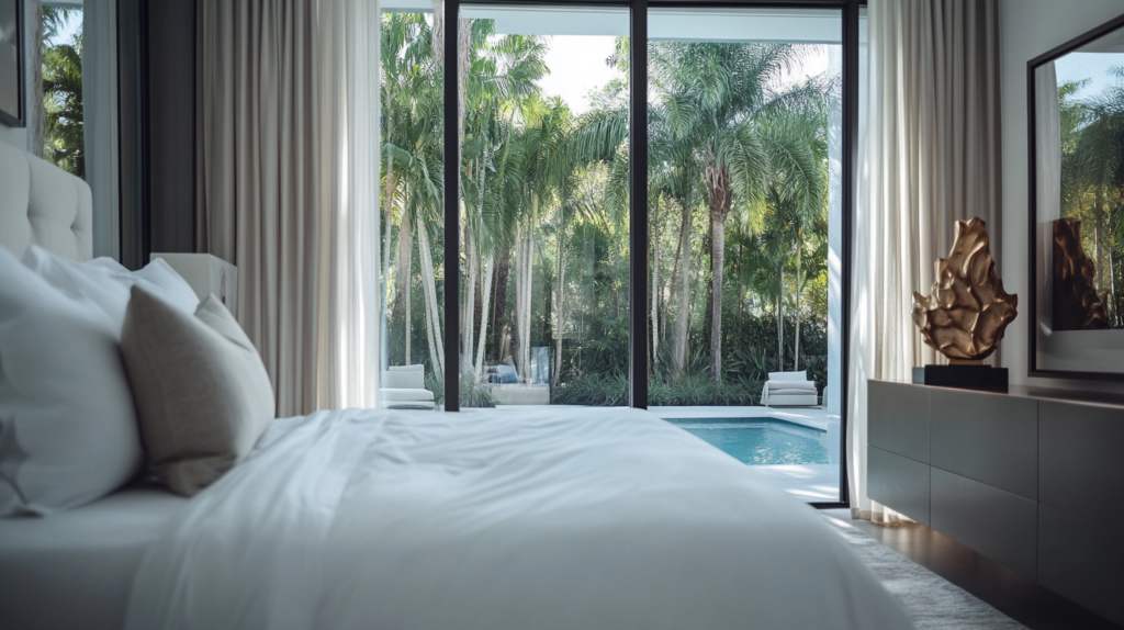 Bedroom in Lake Worth with motorized blackout curtains on large windows overlooking a backyard pool, styled in a coastal design.