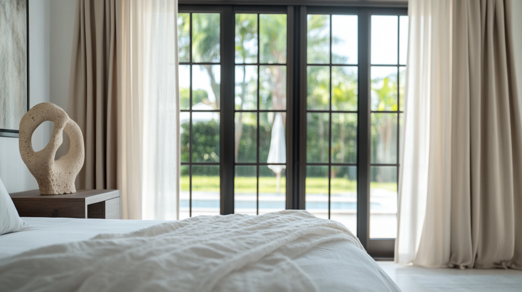 Bedroom in Deerfield Beach with a sleek white bed, motorized sheer curtains on windows overlooking a backyard pool, creating an airy elegance.