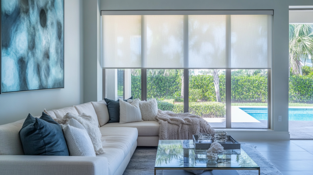 Coastal-inspired living room in Boca Raton, FL, with a plush sofa, glass coffee table, abstract wall art, and partially closed Hunter Douglas Roller Shades overlooking a backyard pool.