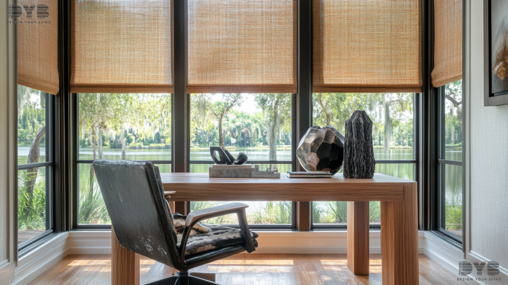 Roller Shades in a farmhouse modern home office in Boca Raton, FL