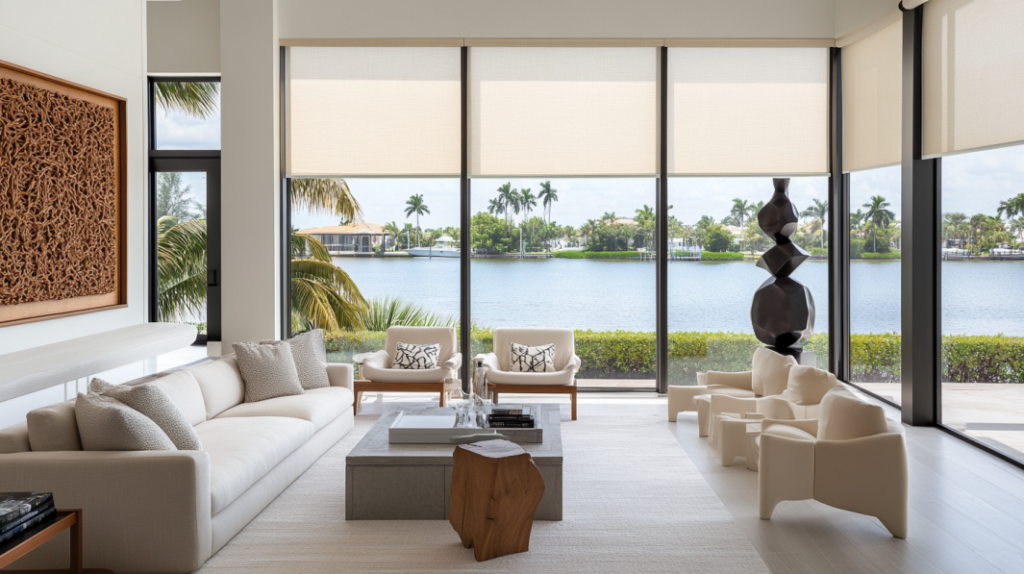 Farmhouse Modern living room in Boca Raton, FL, with large windows featuring closed Hunter Douglas Motorized Roller Shades, an eclectic mix of classic and modern furniture, and a contemporary sculpture on a table.