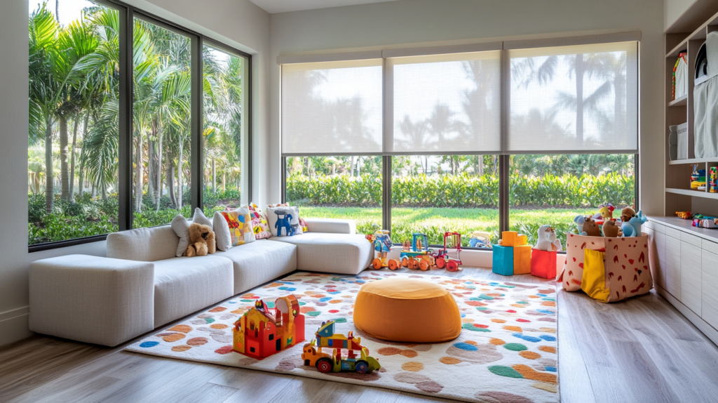 A playroom with Screen Roller Shades in Boca Raton, Florida, featuring furniture from Mitchell Gold + Bob Williams, a large colorful rug, and a view of the garden.