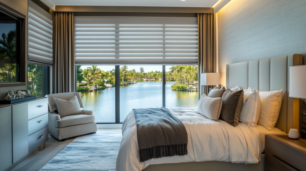 Transitional bedroom in Boca Raton, FL, with a plush bed, cozy reading nook, warm tones, and fully closed Hunter Douglas Designer Banded Zebra Shades overlooking a canal.