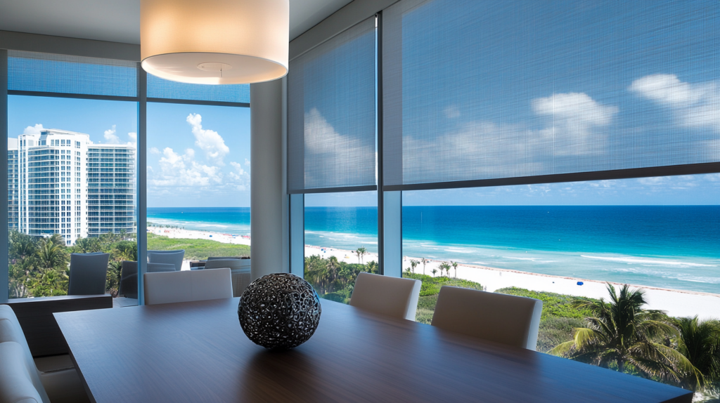 Casual dining room in a Hillsboro Beach condo with motorized Hunter Douglas Roller Shades partially closed, offering an ocean view with the beach and nearby buildings.