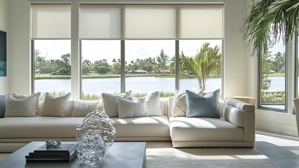 Coastal living room in Boynton Beach with a large window featuring a partially open Hunter Douglas Motorized Roller Shade, creating a peaceful atmosphere.
