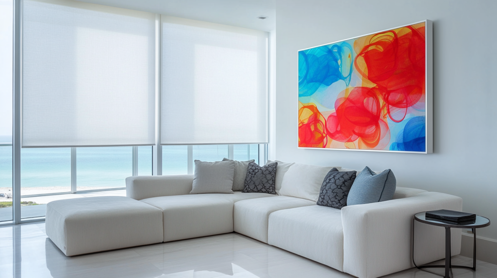 Modern living room in an Ocean Ridge condo with large windows featuring partially closed motorized white Hunter Douglas Roller Shades, allowing soft light and an ocean view.