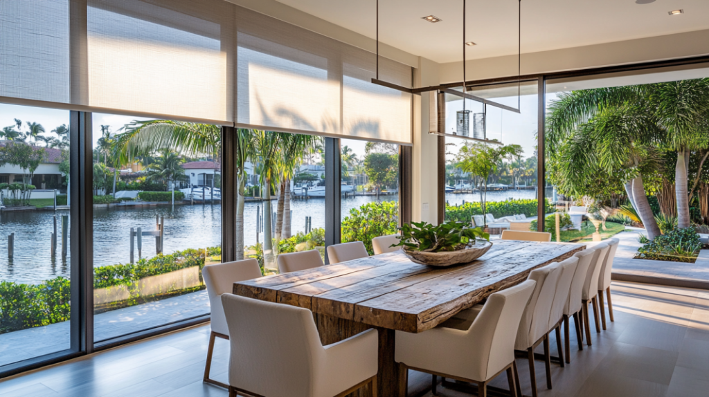 Spacious casual dining room in Lighthouse Point with Hunter Douglas Roller Shades on a large window, creating a warm and inviting ambiance.