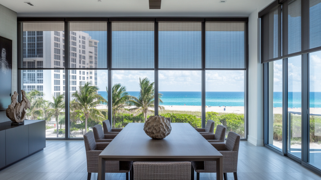 Casual dining room in an Ocean Ridge condo with motorized Hunter Douglas Roller Shades fully closed, offering an ocean view with visible beach and buildings.