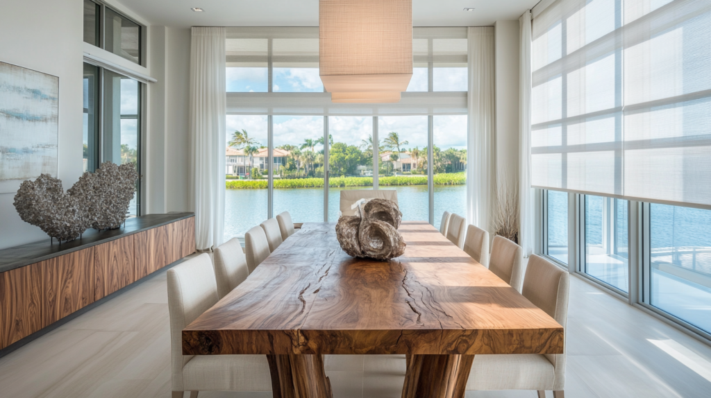 Casual dining room in Highland Beach with motorized Hunter Douglas Roller Shades fully closed, offering privacy and a view of the Intercoastal Waterway.